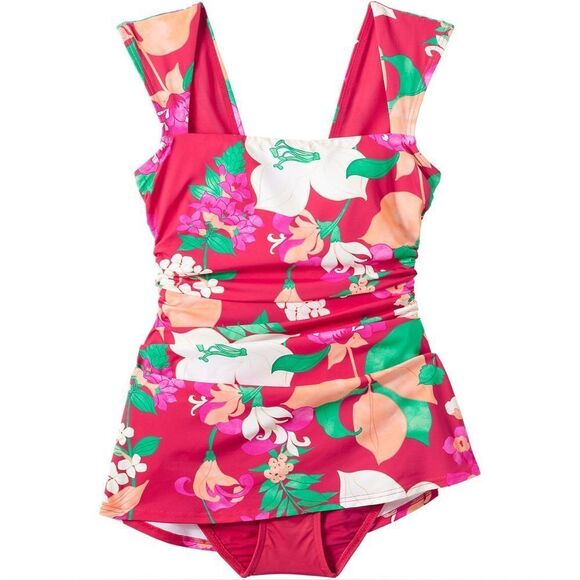 Land's End Smoothing Square Neck Ruched 1 piece Swimsuit Coral Roses Lilies 8 P - Picture 5 of 10